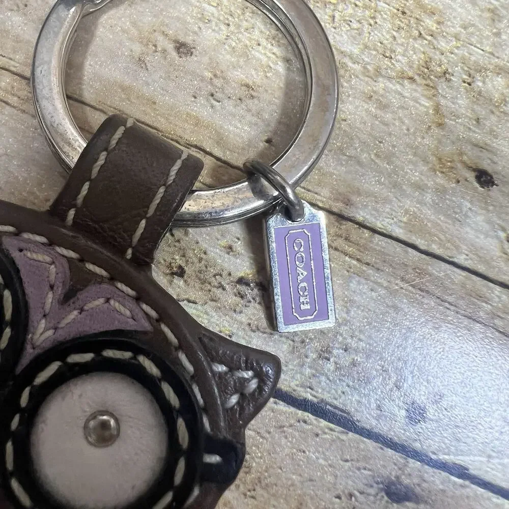 Coach Owl Animal Leather & Metal Key Chain Keyring Brown Purple Orange